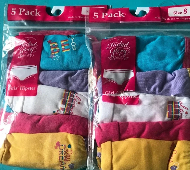 2 Packs Faded Glory Girls Hipsters 5 Pack Size 8 Be You Day Dream 100% Cotton