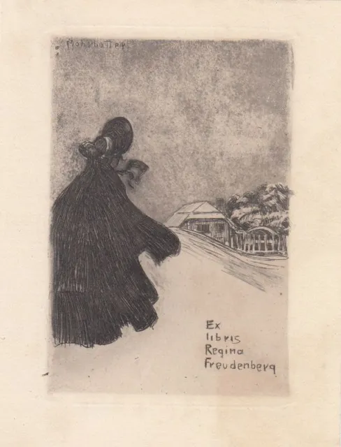 Exlibris Bookplate Radierung Alfred Mohrbutter 1867-1916 Dame Hut Haus Schnee