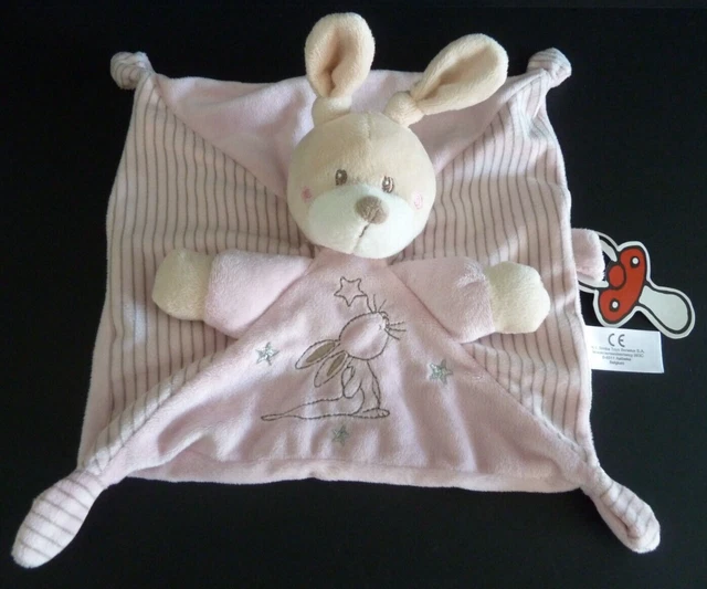 *. DOUDOU PLAT SIMBA LAPIN rose rayé étoile attache tétine carré - 100% NEUF