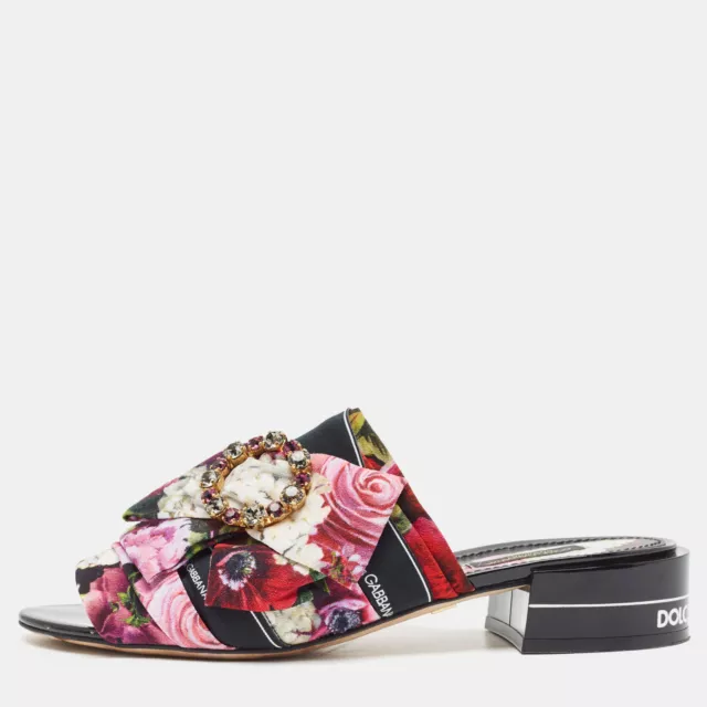 Dolce & Gabbana Multicolor Floral Print Fabric Embellished Slide Sandals Size 39