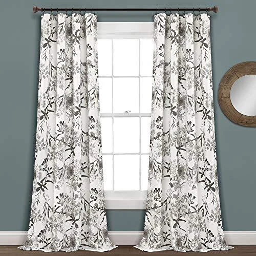 Lush Decor Gray and White Botanical Garden Curtains Floral Bird Print Room Da...