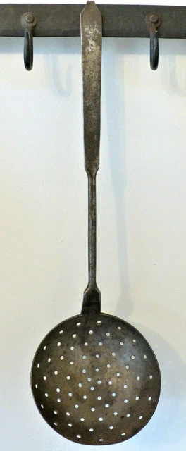 Antique EARLY 19th C  Hand Forged IRON Decorated STRAINER SKIMMER Blacksmith