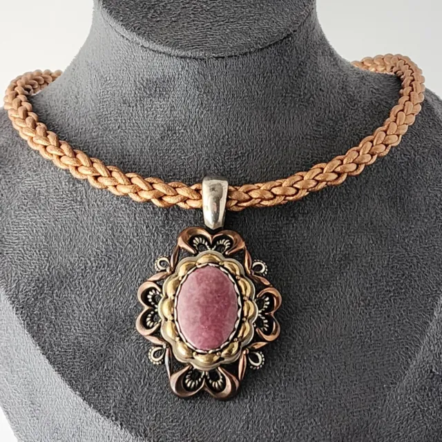 CAROLYN POLLACK Rhodonite Necklace Pendant 925 Copper Brass Silver Leather CP