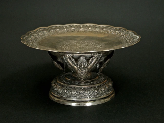 Antique Cambodian Ceremonial Offering Dish Solid Silver Buddhist Temple