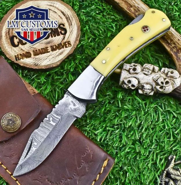 Handmade Damascus Pocket Folding Knife Corain Back Lock Hunter Closeout