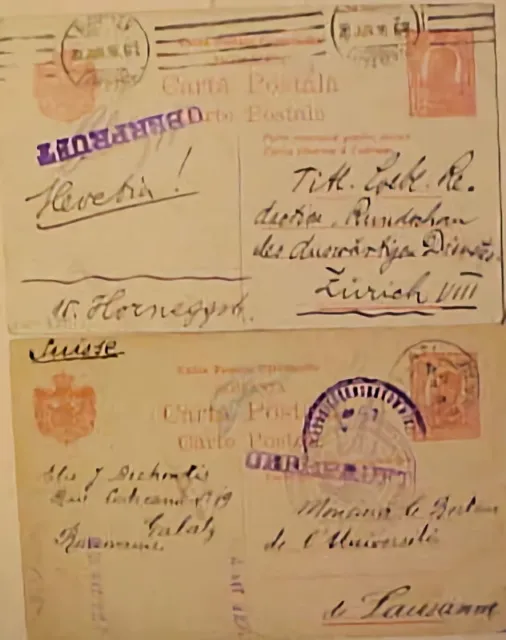 Romania Postal Card Galati 1916 & Bucuresti 1916 Both Censored To Swiss