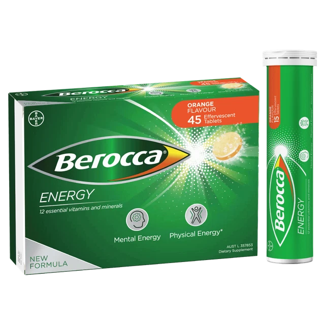 Berocca Energy 45 Effervescent Tablets - Orange Flavour Provides Energy