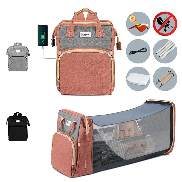 Diaper Bag Backpack Bassinet Changing Pad Bottle Warmer USB Port, Waterproof