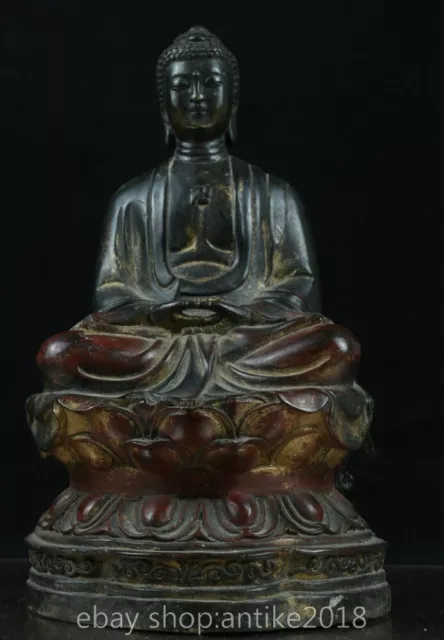 10.4" Rare Old Chinese Tibet Copper Buddhism Shakyamuni Amitabha Buddha Statue 2