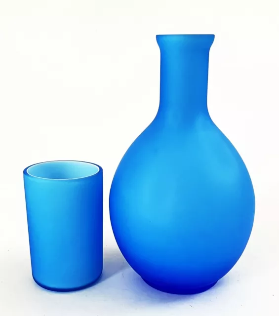 Italian Murano Carlo Moretti Frosted Satinato Cased Blue Water Carafe Cup Vase