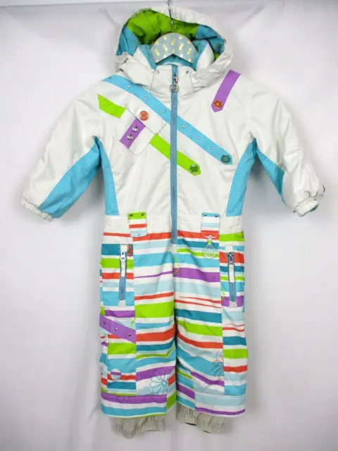 Obermeyer Girls I-Grow Snowsuit Size 2 White Striped Hooded Insulated Kids Youth
