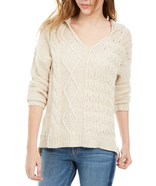 Womens Sweater Size L American Rag Oatmeal Multi-Stitch Pullover Hoodie