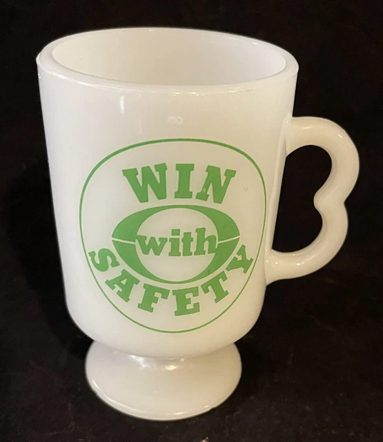 Vtg Win With Saefety Milk Glass Footed Pedestal Coffee Cup Mug Heart Handle
