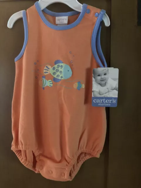 $16 Carter's Girls Sleeveless Romper One-Piece-6-9 months-Orange/Blue/Fish NWT