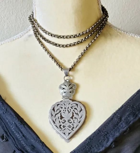 Antique large Yemen Silver Heart shaped Pendant with old silver chain