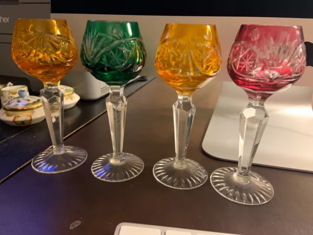 Czech / Bohemian Vintage (4) Cordial Goblets / Glasses Colored Cut to Clear MINT