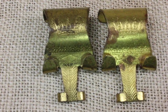 2 old Picture Molding Rail Hooks Brass Painting Hangers vintage MORE tarnish