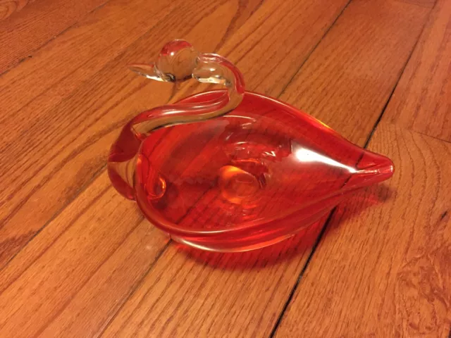 Vintage SWAN Hand Blown Glass Candy Dish Trinket Bowl Red/Clear Ashtray