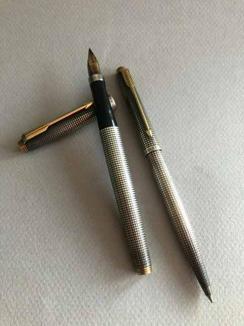 Stylo Plume Et Bille Parker En Argent Massif – Décor Quadrillé, Plume En Or, Occasion