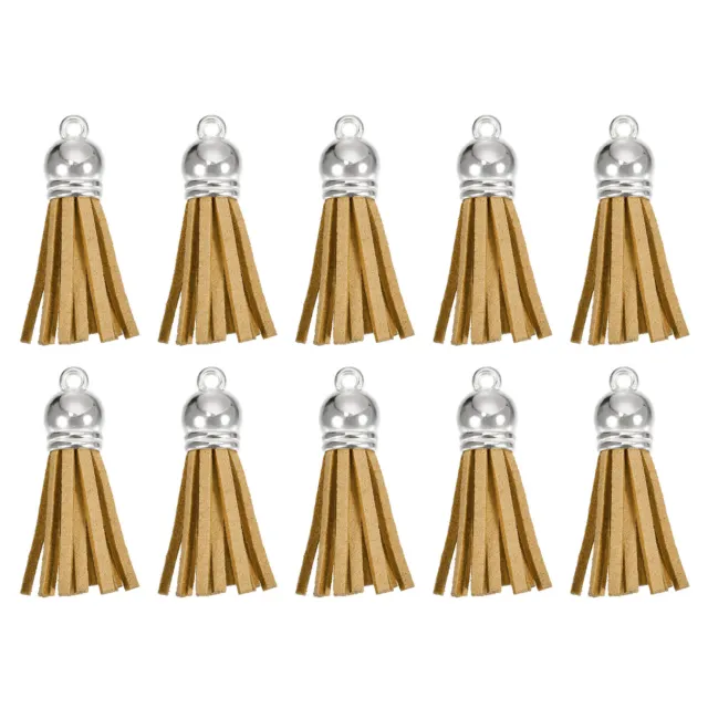 30Pcs 1.5" Leather Tassels Keychain Charm with Silver Cap for DIY, Khaki