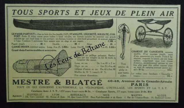Publicité SPORTS ET JEUX PLEIN AIR canoe nasses Mestre et Blatge    advert 1927