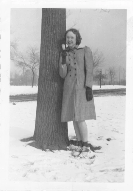 Woman Gloves Dress Tree Trunk Snow Winter Outdoors Black White Snapshot Photo