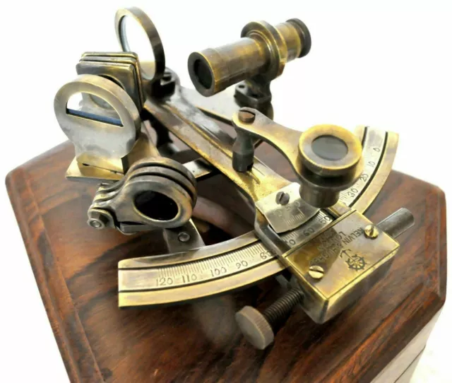 Nautical Antique Brass Marine SEXTANT With Collectible Maritime Wooden Box Gift