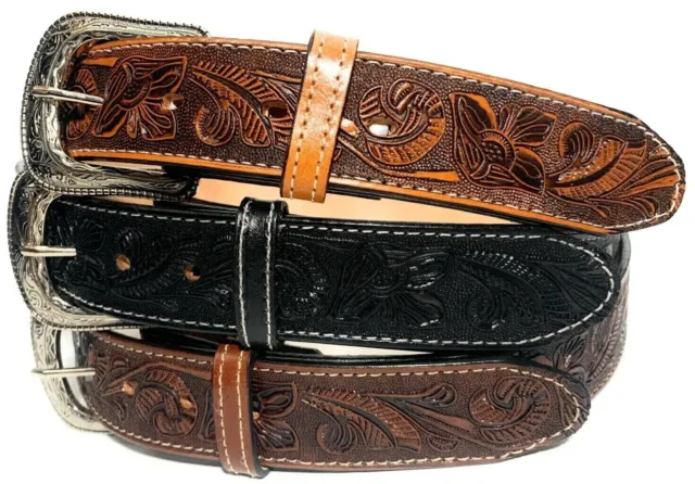 WESTERN Genuine LEATHER BELT. COWBOY RODEO CASUAL LEATHER BELT FLORAL EMBOSSED