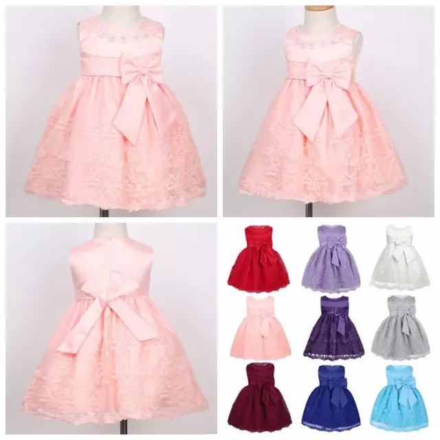 US Baby Flower Girls Dress Embroidered Bow Princess Wedding Birthday Party Gown