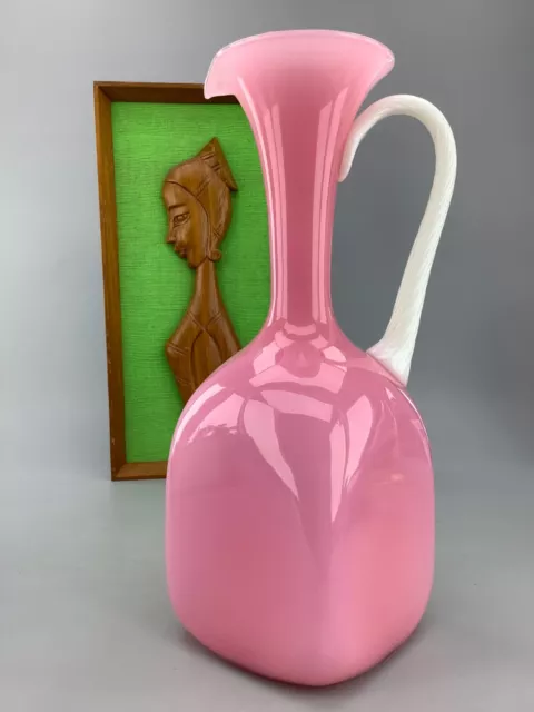 Large Mid Century Murano Pink and White Opalina Fiorentina Art Glass Jug