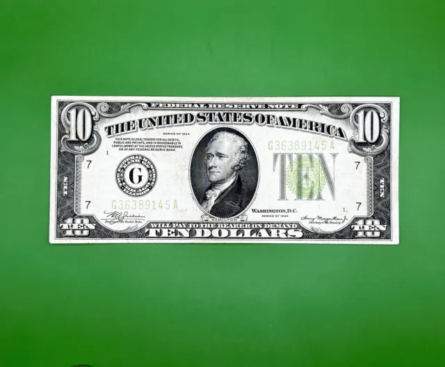 1934 $10 Federal Reserve Note~High Grade~Light Green Seal bright~Lime~Crisp