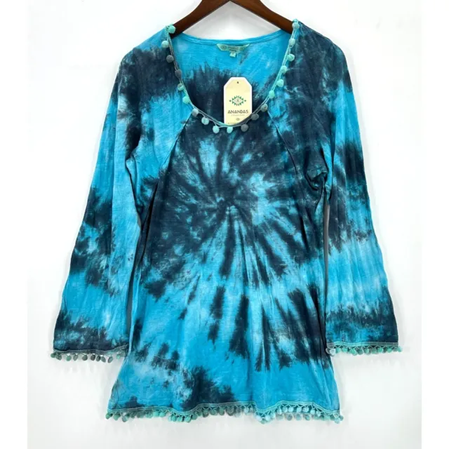 Anandas Collection Top Womens Pullover Tunic Tye Dye Scoop Neck Pom Pom Blue L