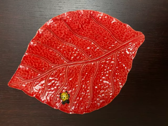 Ceramic Red Leaf Hand Painted Patter with Yellow LAdy Bug Made in Italy