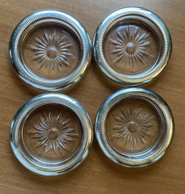 Vintage Set Of 4 Crystal and Silver Plate Leonard Coasters Italy Boston Mass
