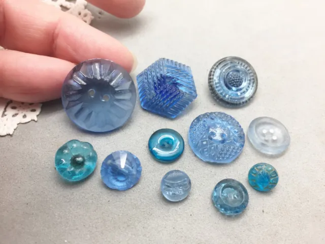 Vintage Glass Button Lot 10 Transparent Blue Art Deco 7/8"-1/4" Sewing Clothes