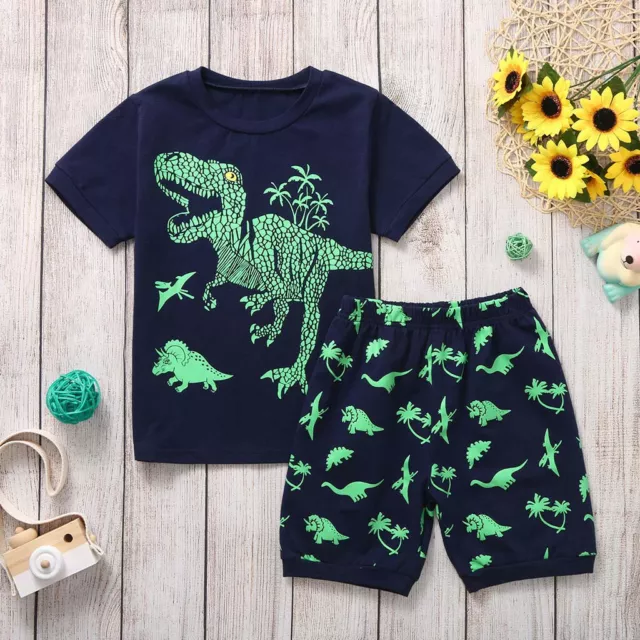 Toddler Baby Kids Boys Dinosaur Print Tops Shorts Pants Pajamas Sleepwear Set