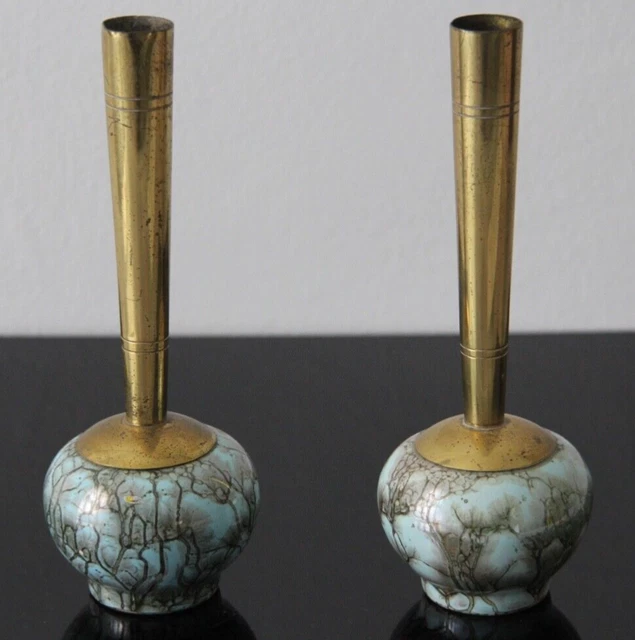 Vintage 1950er Delft Holland blau handbemaltes Paar Messing & Keramik Knospen Vase 9"