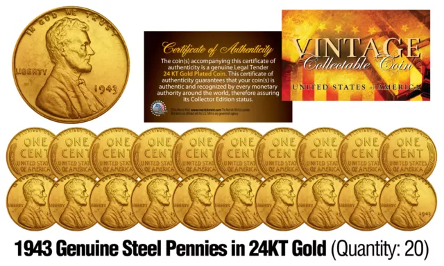 1943 Genuine Steel WWII Lincoln Wheat Penny US Coin 24K GOLD PLATED (QTY: 20)