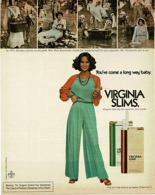 1973 VIRGINIA SLIMS Cigarettes Woman wearing aqua pants suit Vintage