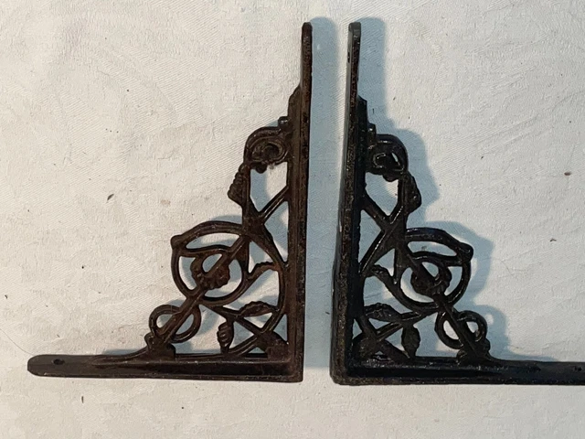 Pair of 2 Vtg Cast Iron Shelf Brackets Supports 6" by 7 3/4"
