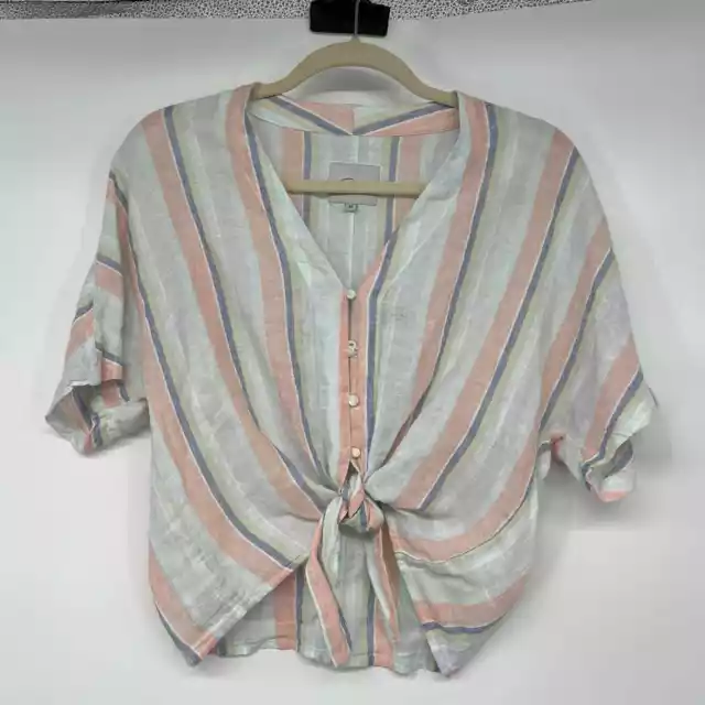 Rails Thea Top Women's Sze XS Biarritz Multi Stripe Tie Front V-Neck Linen Blend