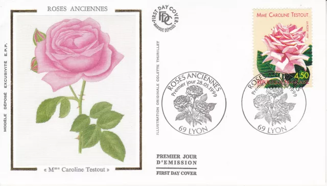 Enveloppe 1er jour FDC Soie 1999 - Roses Anciennes Mme Caroline Testout