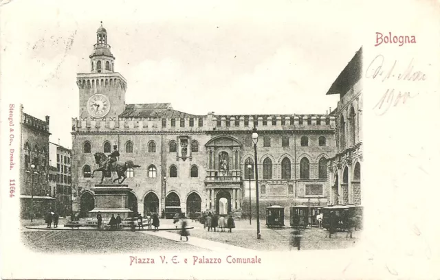 Bologna Piazza Vittorio Emanuele Municipio Omnibus a cavalli - fp.vg.1900