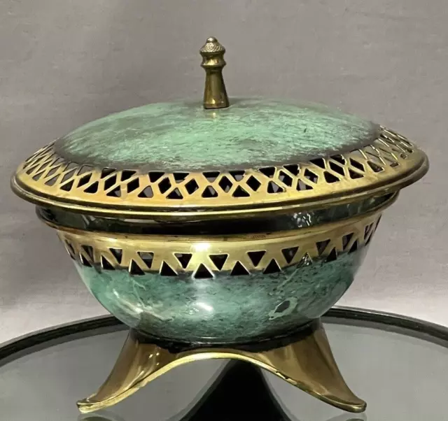Vintage Oppenheim Hand Made in Israel Brass/ Enamel Dish, Glass Bowl Insert &Lid