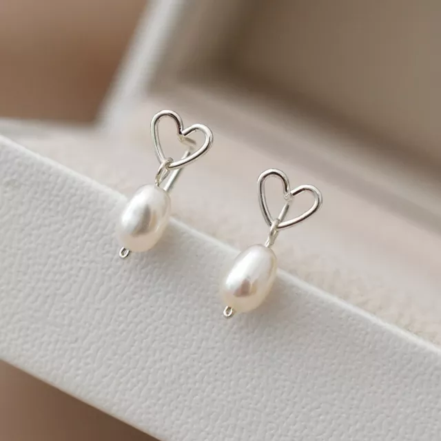 New! 925 Sterling Silver Freshwater Pearls Hearts Studs Earrings