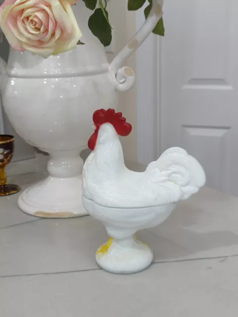 VINTAGE Westmoreland Milk Glass Rooster Covered Candy Dish Trinket Easter