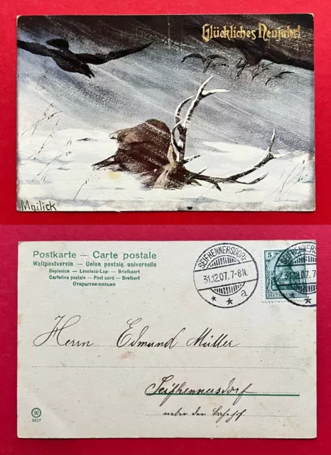 Künstler Glückwunsch AK NEUJAHR 1908 von MAILICK Hirsch im Schnee   ( 117722