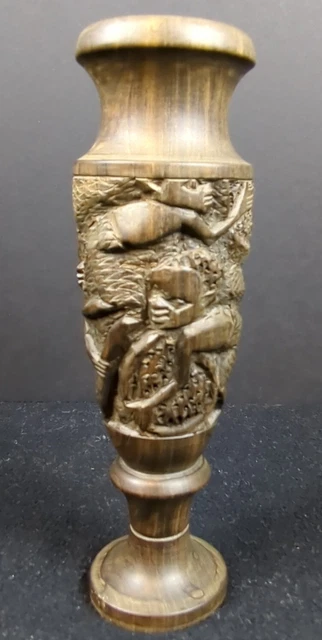 Vintage Hand Carved Wooden Vase African Relief Carving