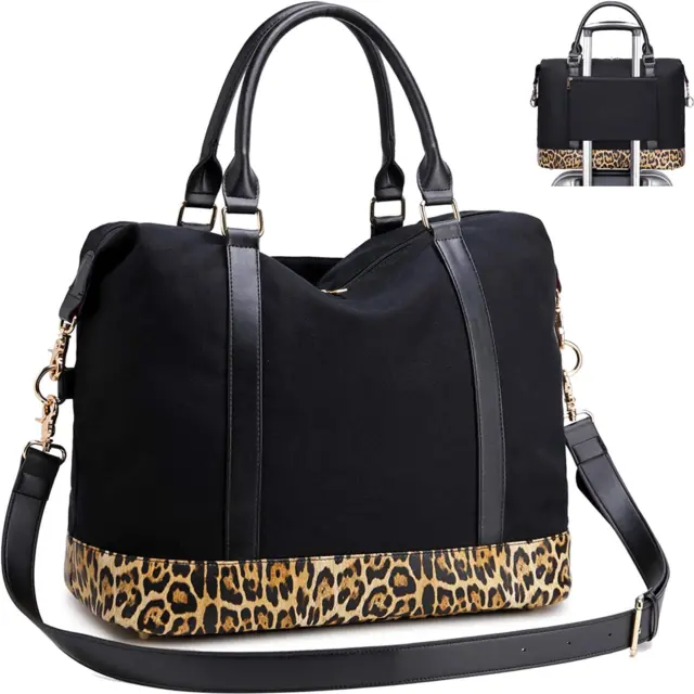 Women Weekender Bag Carry on Travel Duffle Tote in Trolley Handle Leopard-Black