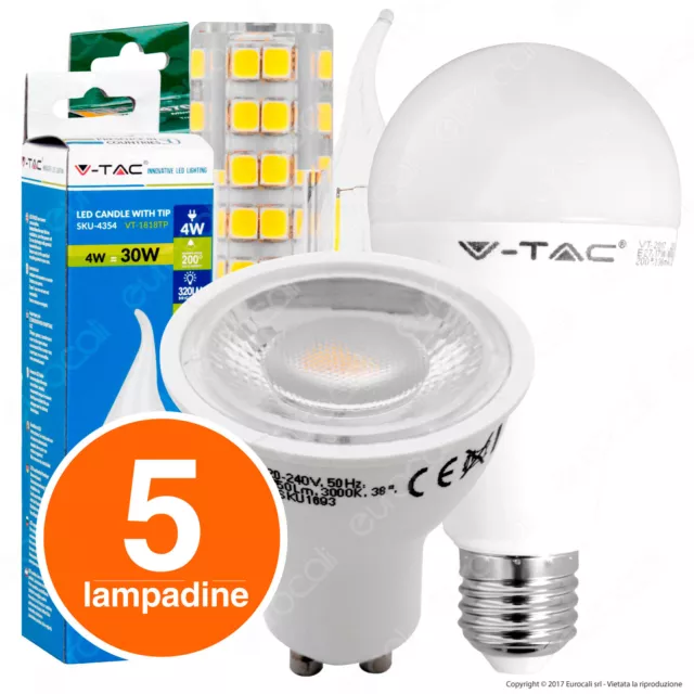 5 LAMPADINE LED V-Tac E27 E14 GU10 GU5.3 G9 scelta kit da 2W a 20W Lampada Vtac